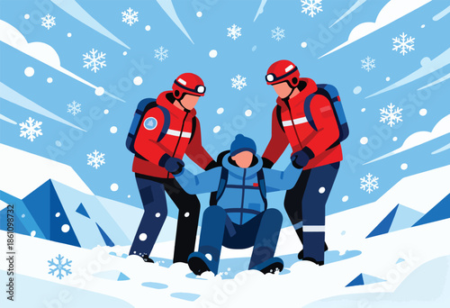 Rescuers assist a person in difficulty during a snowstorm on a mountain