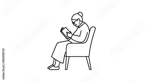 Elderly woman sitting and reading a book in a relaxed posture.
