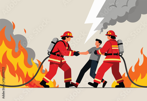 Firefighters rescue a person from a burning structure with smoke and lightning