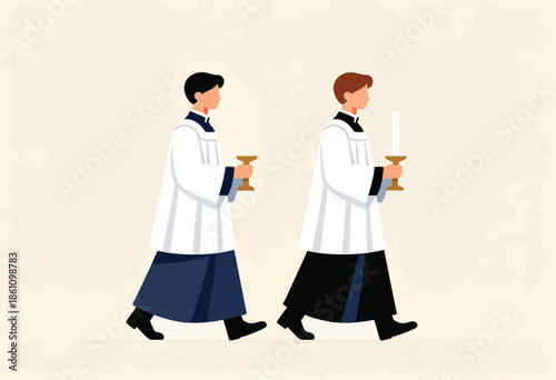 Two figures in ceremonial robes walk, one holding a chalice, the other a candle