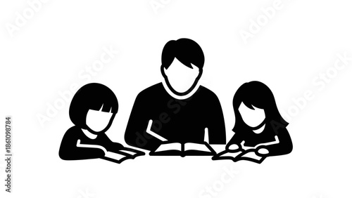 Group study session icon with adult and children reading books.