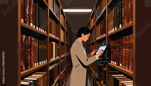 A person interacts with a digital screen amidst rows of antique books