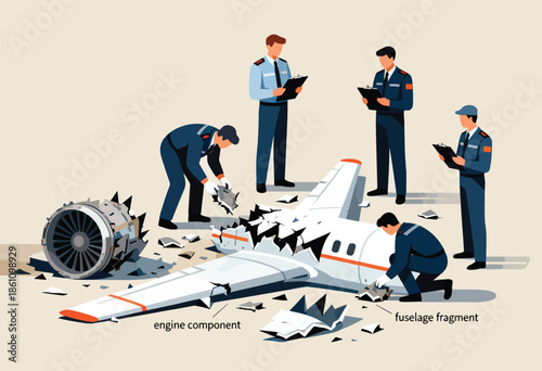 Officials investigate wreckage, examining engine and fuselage fragments