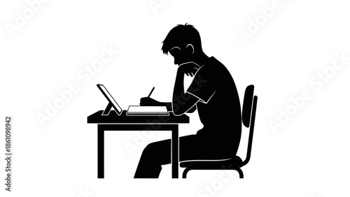 Student studying at desk with tablet and notebook