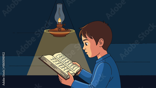 Boy reads from book under oil lamp light at night.