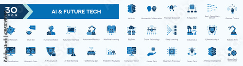 AI and Future Tech icons collection vector images Duo Tone set.
containingai brain , human ai collaboration , anomaly detection , ai algorithm and more.
for Web icons set.