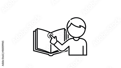Person reading a book icon with finger pointing at page.