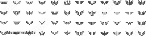 Wings vector icons set for web design. Abstract wing symbols and badge icons set. Wing emblem logo collection isolated on black background. 
