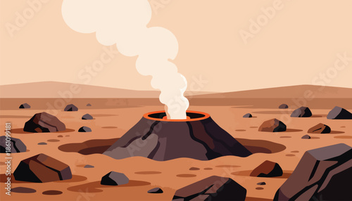 A barren landscape features a smoking volcano surrounded by rocks