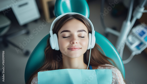 Woman rests in dental chair wearing earphones. Girl relaxes in modern clinic. Patient listens to music for calm. Healthcare and wellness center for beauty treatment
