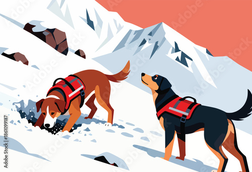 Dogs in red vests search snowy mountains for missing persons