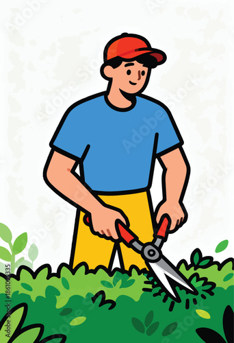 Young man in blue shirt and yellow pants trims green bushes with red-handled shears
