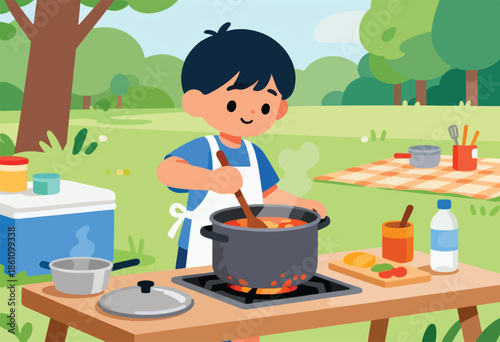 A happy boy cooks soup in a pot outdoors on a picnic table with ingredients