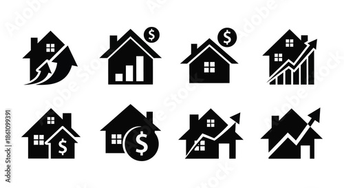 Real estate market growth and financial symbols depicted in a black silhouette