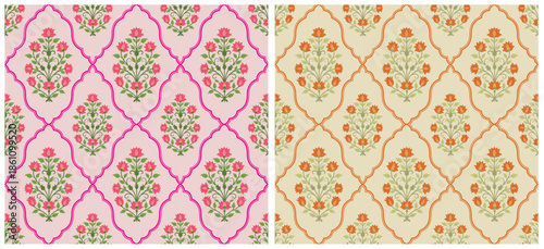 Traditional Mughal motif design illustrations seamless patterns with floral for fabric, textiles, clothing, wrapping paper.	