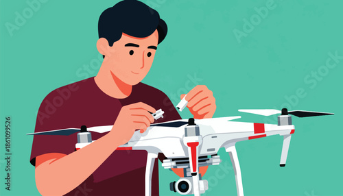 Young man assembling a modern white drone with red accents