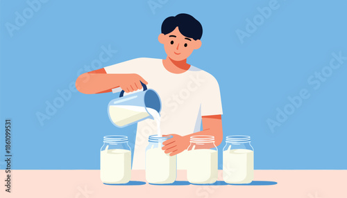 Person pours liquid from pitcher into glass jars filled with white substance