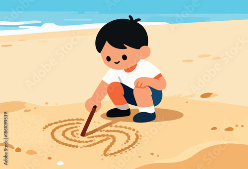 A child crouches on a sandy beach, drawing spirals with a stick