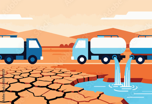 Water trucks deliver essential supply to cracked earth landscape
