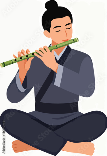 Peaceful person in traditional robes plays a bamboo flute while seated cross-legged