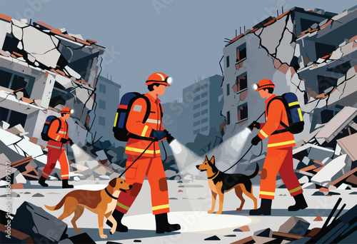 Rescuers and search dogs navigate rubble of destroyed buildings
