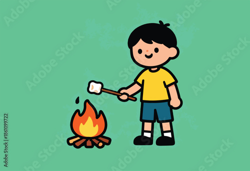 Cute cartoon boy roasting marshmallow over campfire
