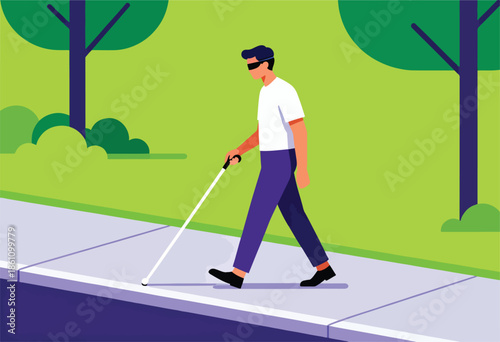Person with vision impairment walking on sidewalk with cane, outdoors