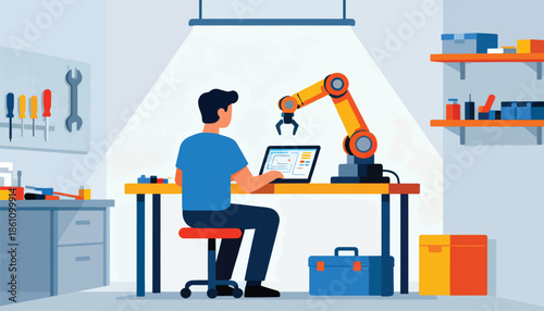 Person programming a robotic arm with a laptop in a workshop