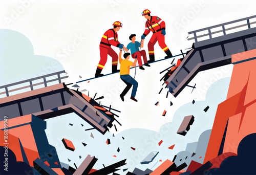 Rescuers help a man from a collapsed bridge during an emergency situation