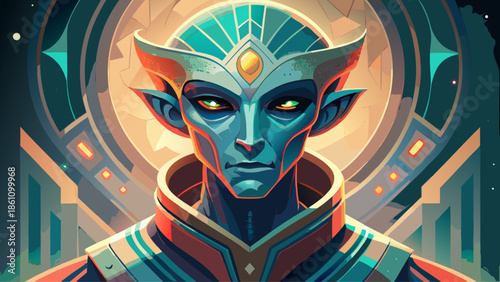 Very beautiful vector illustration of a thoughtful humanized alien with ancient wisdom, glowing eyes and symbolic markings, representing intelligence, philosophy, and cosmic knowledge.