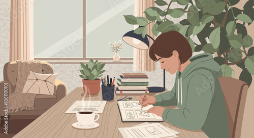 Young Man Reading Book at Desk.