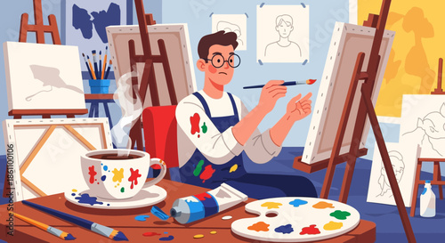 Artist Painting on Canvas in Studio.