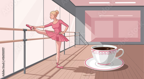 Ballet Dancer in Pink Tutu Stretching.