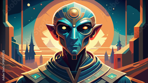 Very beautiful vector illustration of a thoughtful humanized alien with ancient wisdom, glowing eyes and symbolic markings, representing intelligence, philosophy, and cosmic knowledge.