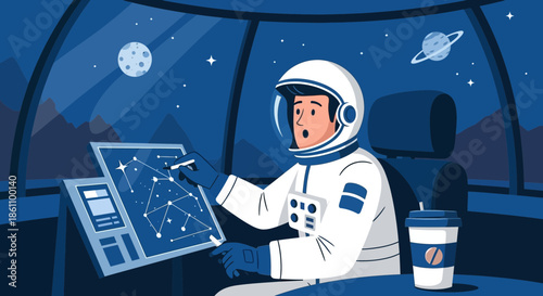 Astronaut in Space Suit at Control Panel.