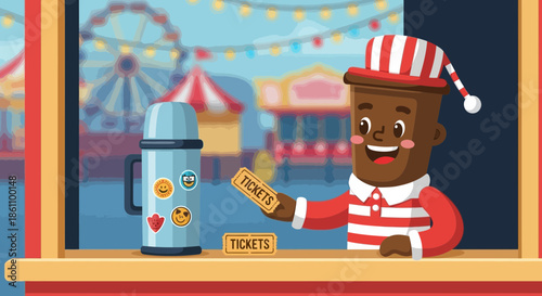 Cartoon man selling tickets at carnival.