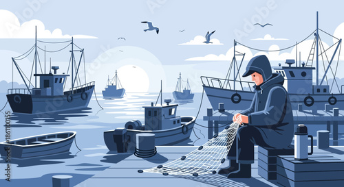 Fisherman Sitting on Dock with Fishing Nets.