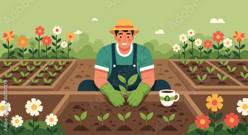 Gardener Tending Plants in Garden Plot.