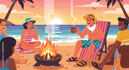 Group of Friends Relaxing Around Beach Fire.