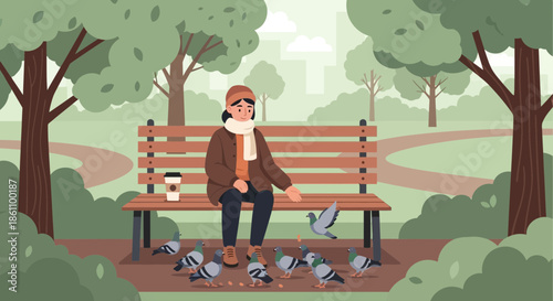 Man Feeding Pigeons on Park Bench.