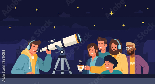 Group of People Stargazing with Telescope.