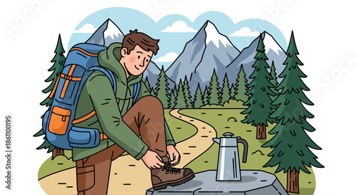 Man hiking with backpack and camping gear.