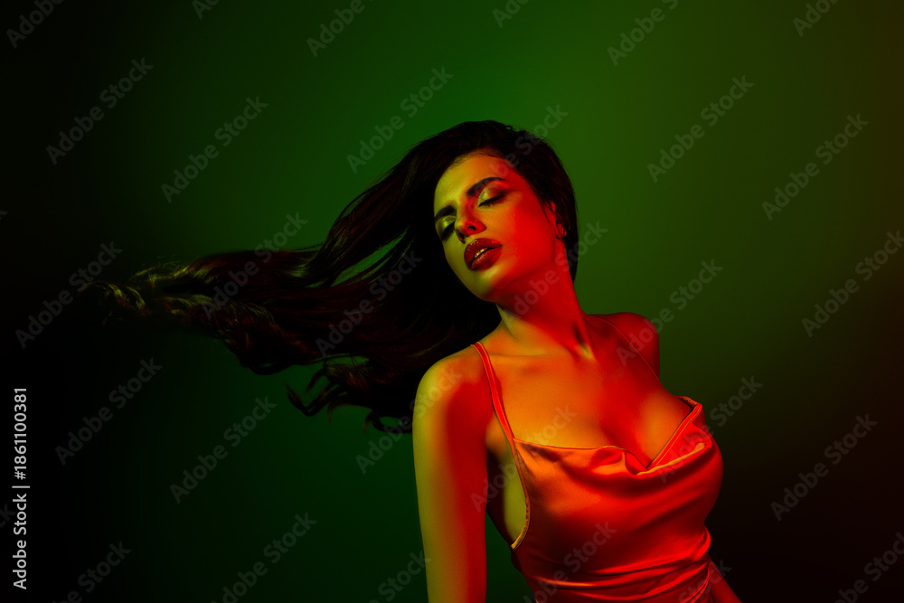 custom made wallpaper toronto digitalStunning young woman posing in gradient lighting, wearing chic satin dress, radiating glamour and charm