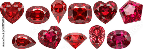 Tableau sur toile beautiful array of faceted red ruby gemstones in various cuts, isolated on a transparent background, a detailed 3d render