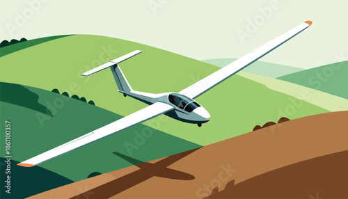 A white glider soars over rolling green hills and brown fields