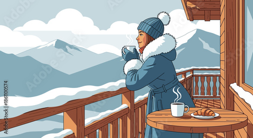 Woman in Winter Coat on Balcony.