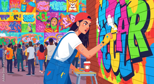 Woman Painting Colorful Graffiti on Wall.