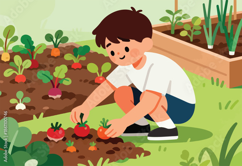A child crouches, tending to colorful vegetables in a garden bed
