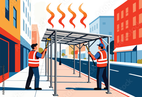 Workers install a solar panel canopy with heat waves rising