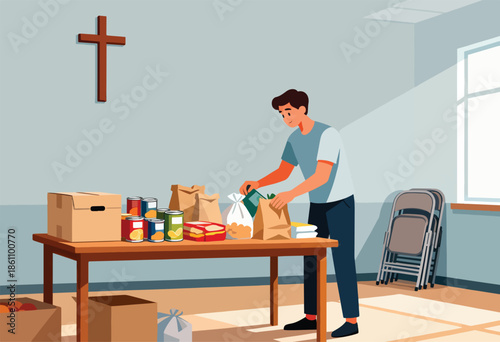 Volunteer packing food donations on table, with cross on wall